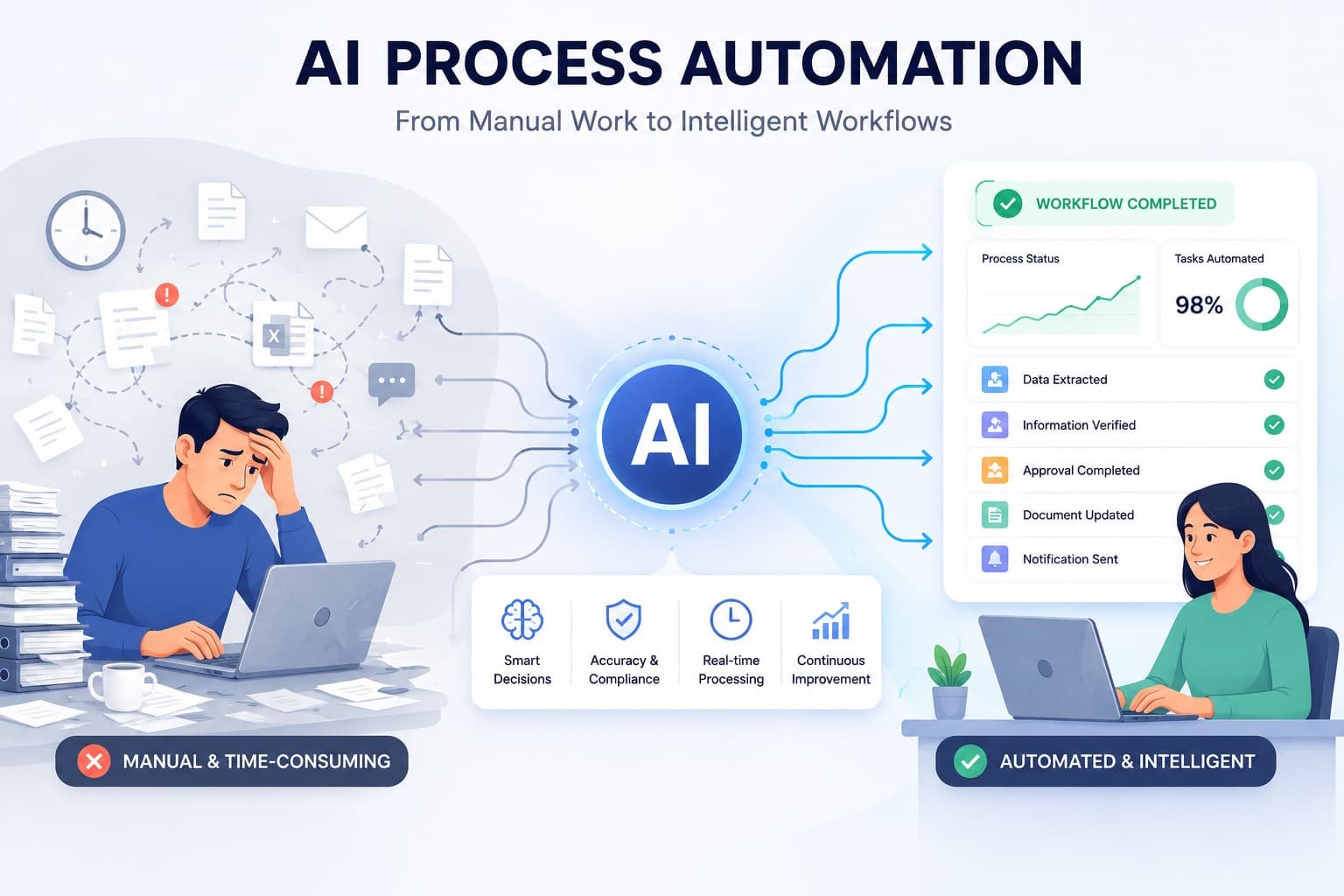 Transition from manual business tasks to AI-powered workflow automation with intelligent processing and streamlined operations.