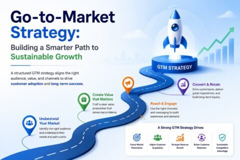 Go-to-market strategy roadmap infographic with rocket launch and growth visuals.