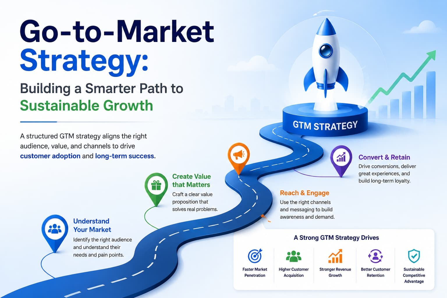 Go-to-market strategy roadmap infographic with rocket launch and growth visuals.