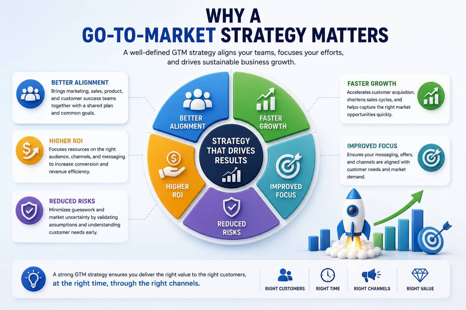Why a go-to-market strategy matters with growth, alignment, ROI, and customer targeting visuals.